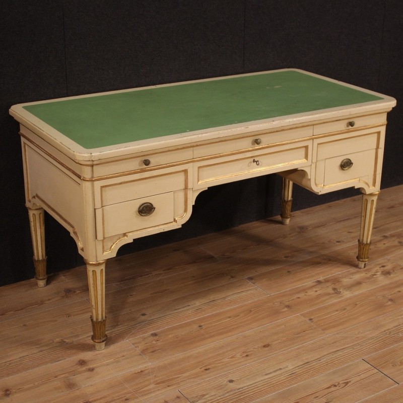 Writing desk italian furniture lacquered painted gilded wood 20th century table