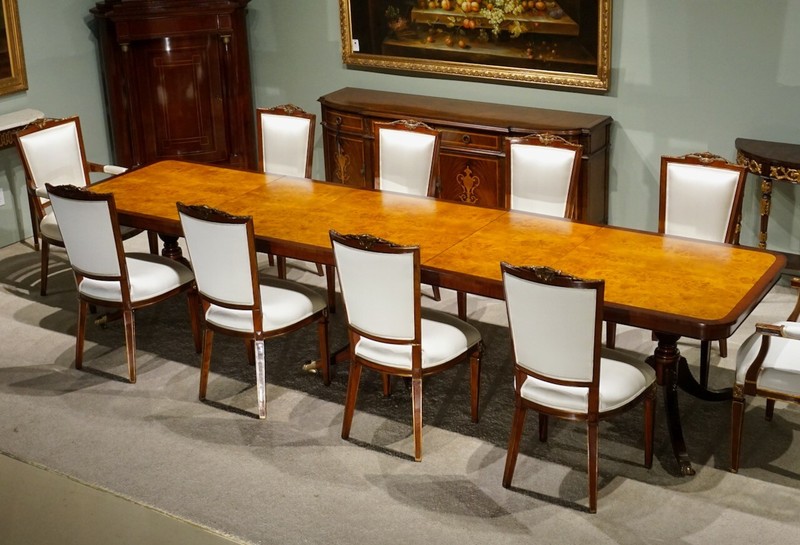 12′ traditional mahogany with burl 3 pedestal formal dining table