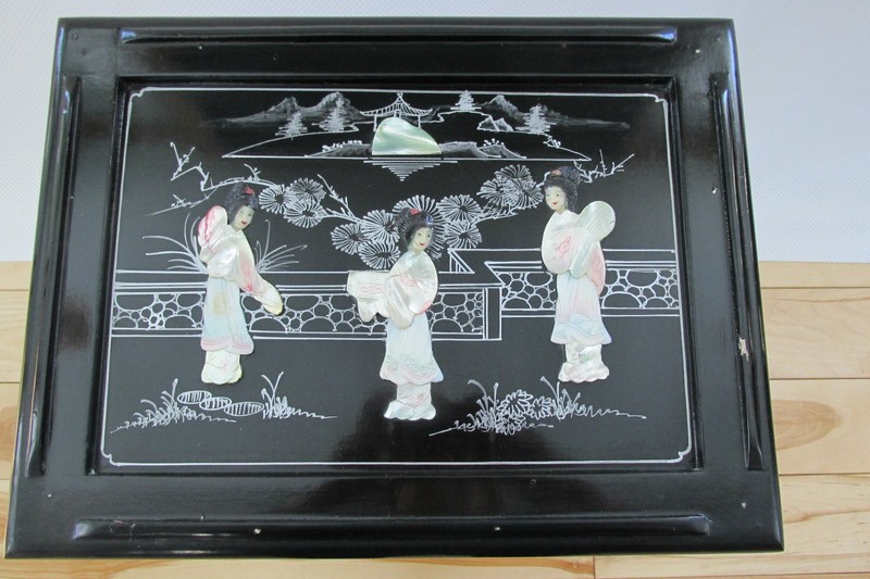 VINTAGE CHINESE NESTING/STACKING TABLES (4) MOTHER OF PEARL JADE STONE CARVINGS gallery