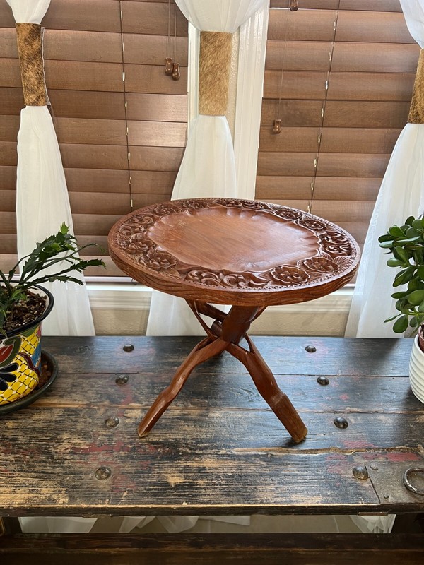 Vintage Wood Carved Side Table with Folding Legs gallery
