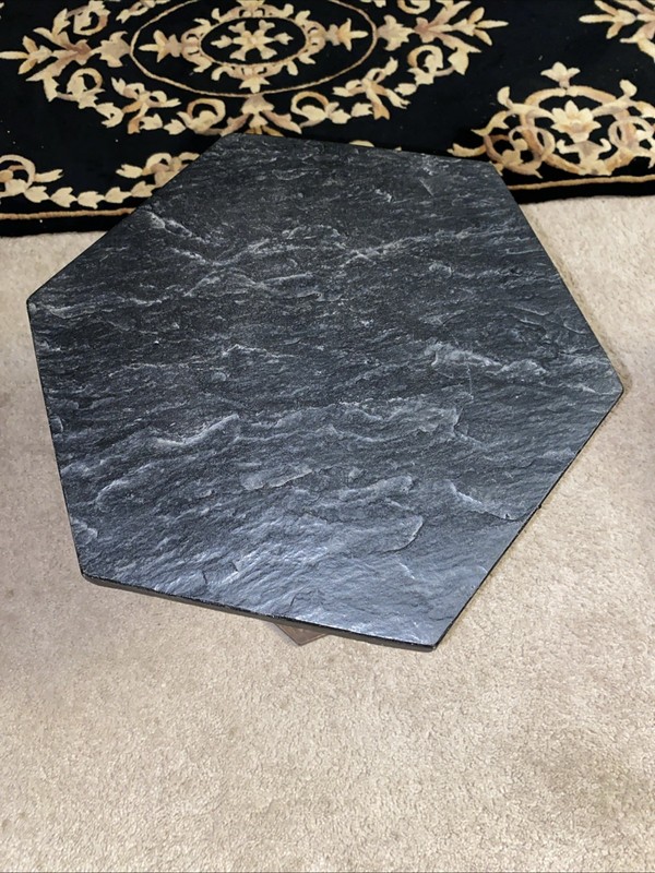 MCM Vintage Italian Black Marble Top Round End Table On Engraved Wood Stand gallery