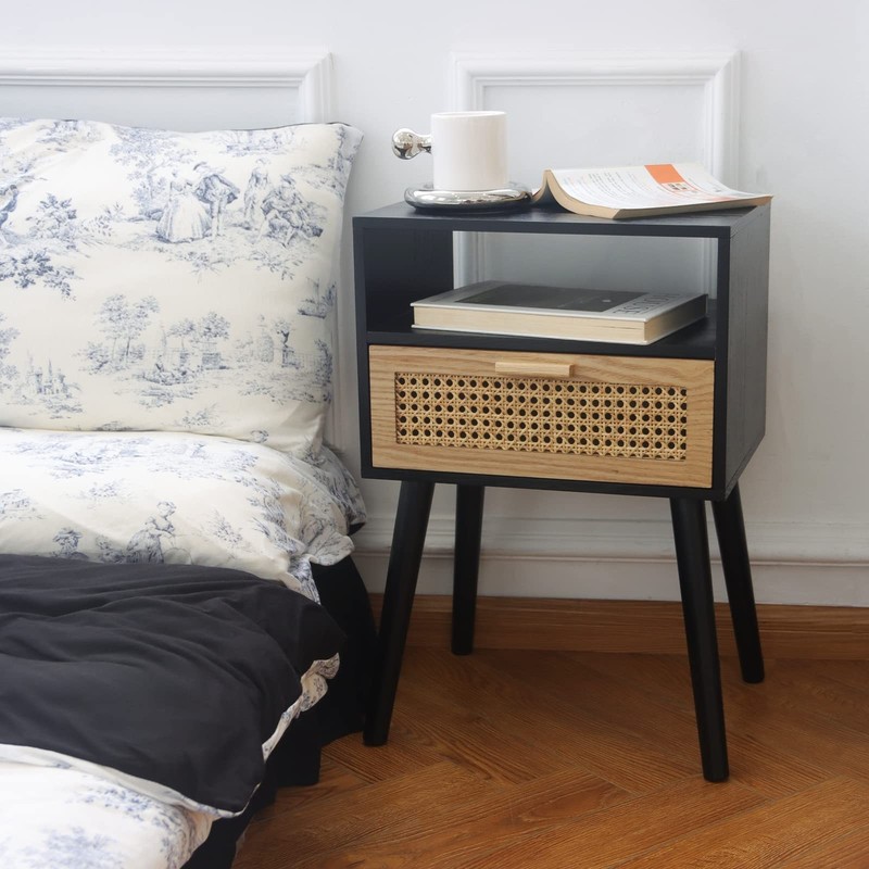 Mid Century Modern End Table with Rattan Drawer & Shelf, Small Side Table for Li gallery