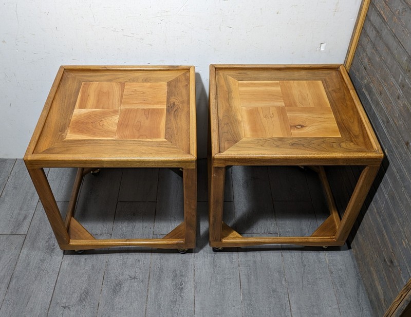 Vintage Pair of Mid Century Modern Square Cube Teak Wood Rolling End Tables
