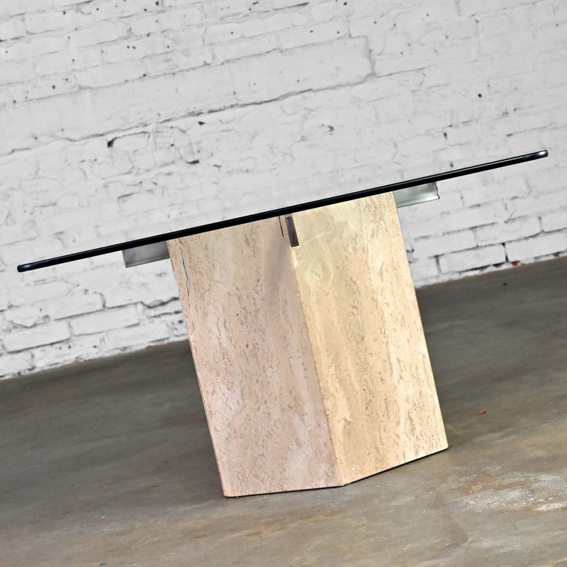 Modern to Postmodern Coffee Table Travertine Hexagon Base Glass Rectangle Top gallery