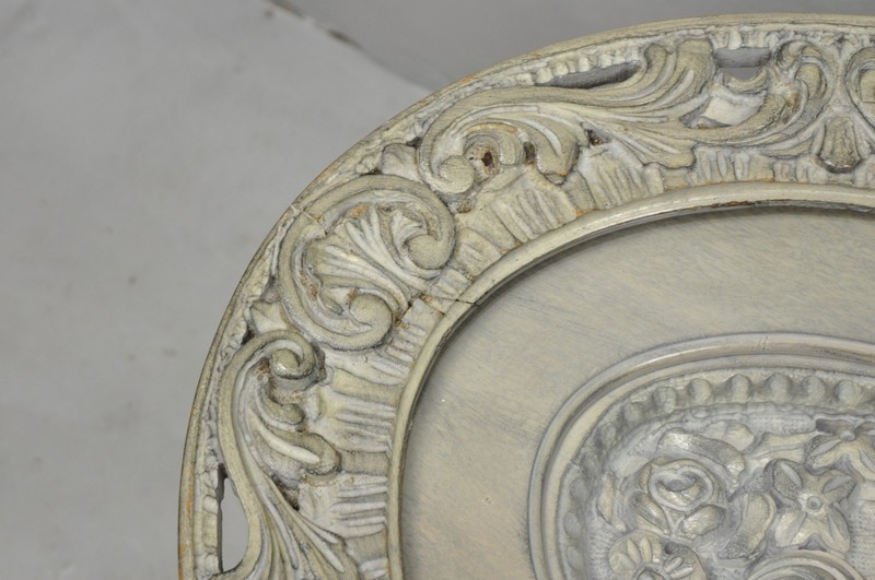 Vintage French Renaissance Walnut Gray Distress Painted Cherub Coffee Table gallery
