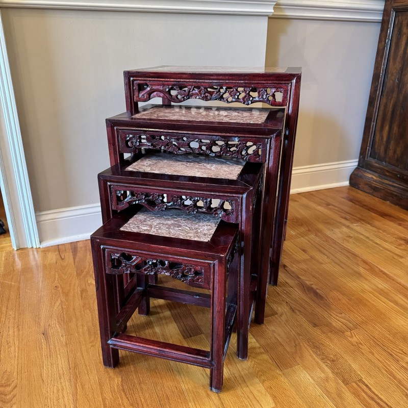 Vintage Rosewood Chinoiserie Nesting Tables Set of 4 Marble Top Carved gallery