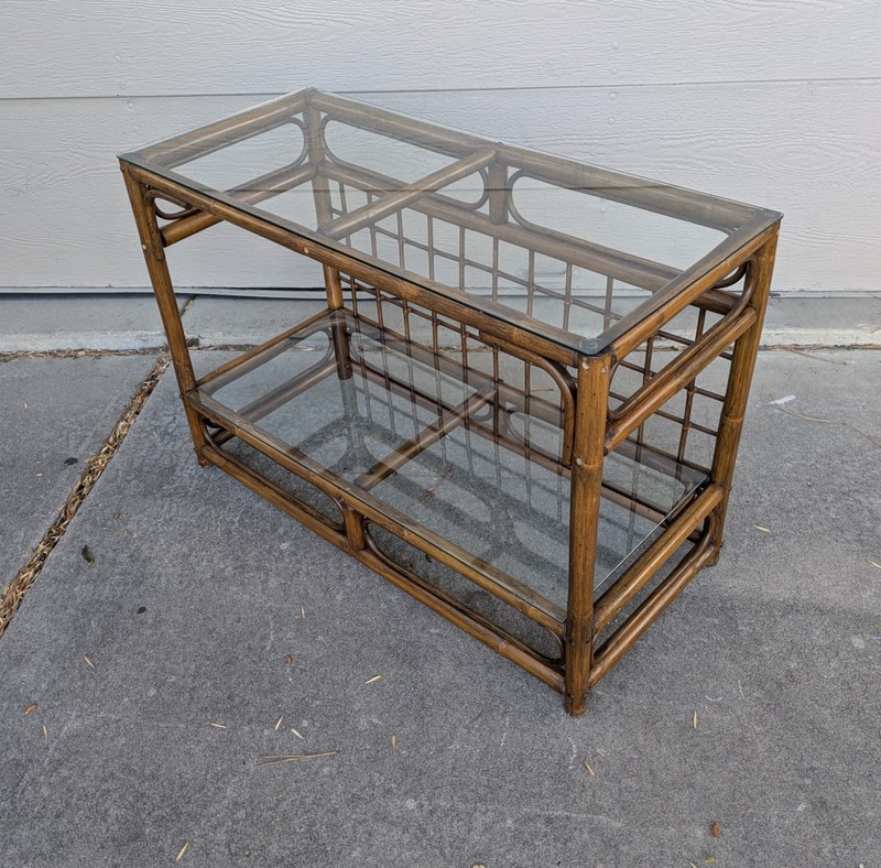 Vintage Mid Century Modern Boho Chic Bamboo Rattan 2-Tier Glass Console Table