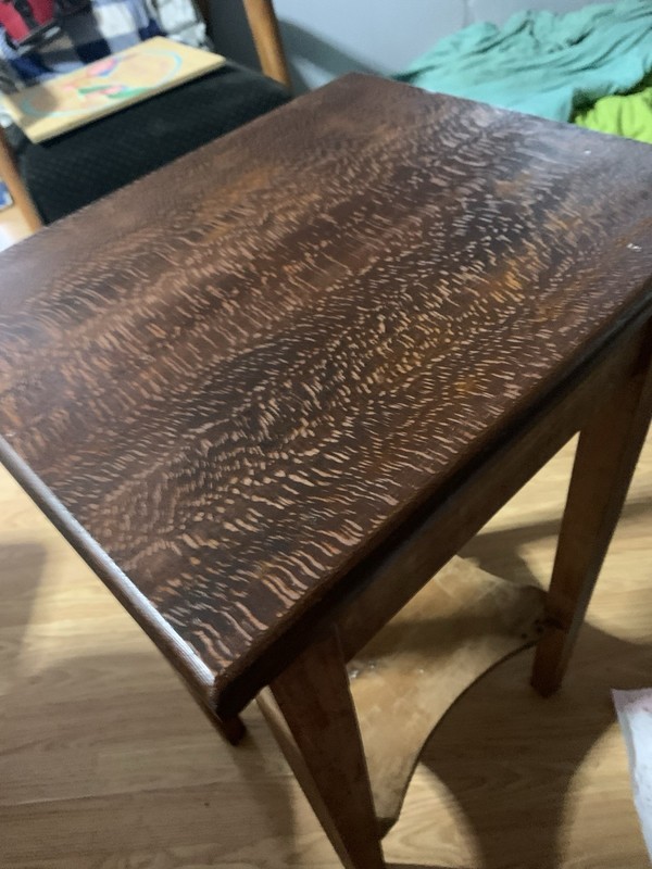 Antique tigerwood oak end table! Top 16 by 13 height 28 1/2