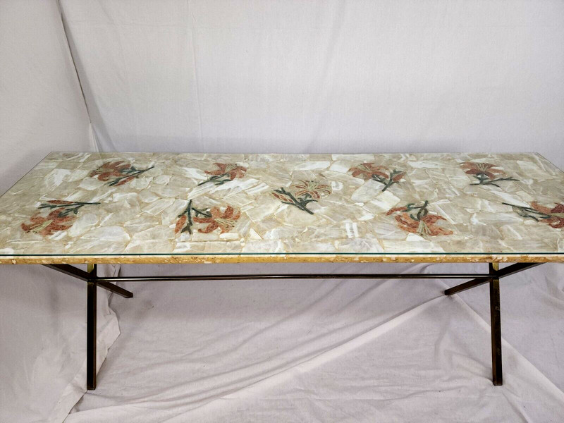 Inlaid Flowers Marble Long Table Chrome Legs Mid Century Modern Vintage Colorful