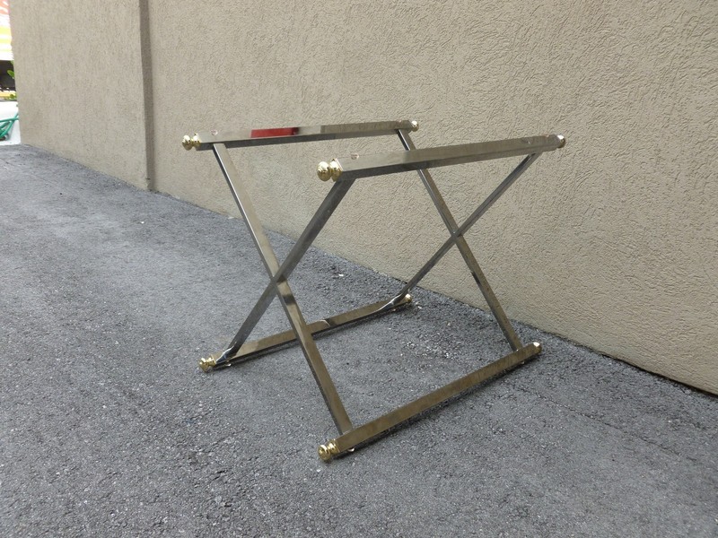ELEGANT CHIC 1970'S CHROME CAMPAIGN TABLE BASE WITH BRASS FITTINGS gallery