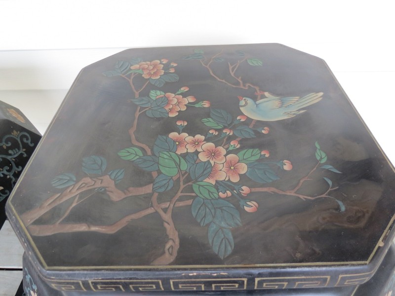 Pair Of Vintage Oriental Asian Hand Painted & Lacquered Bird & Flower Tables gallery