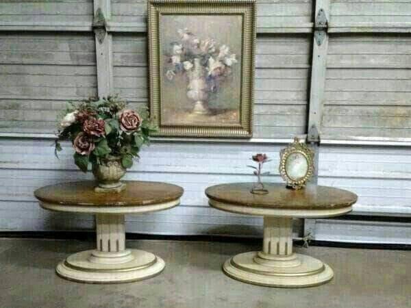 Walnut Wood Shabby Chic Oval Stands Pedestal Vtg End Tables Rapids Furniture Co gallery