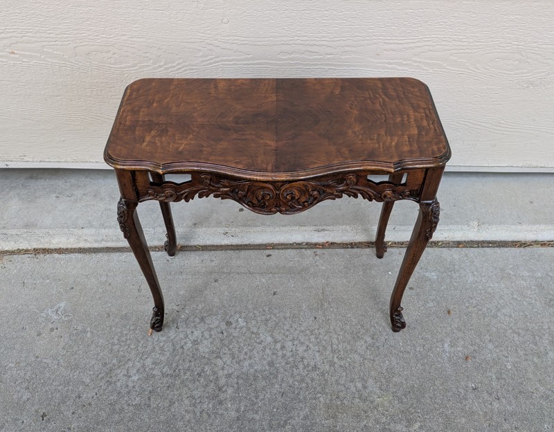 Vintage French Provincial Burl Walnut Side Entry Table Carved Wood Louis XV J76 gallery