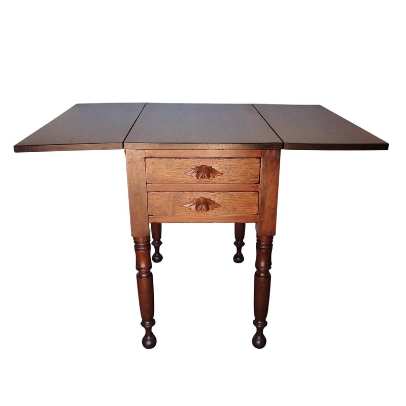 Antique Drop Leaf Table Solid Walnut Wood 2 Drawer 29"T Carved Pulls Turned Legs gallery