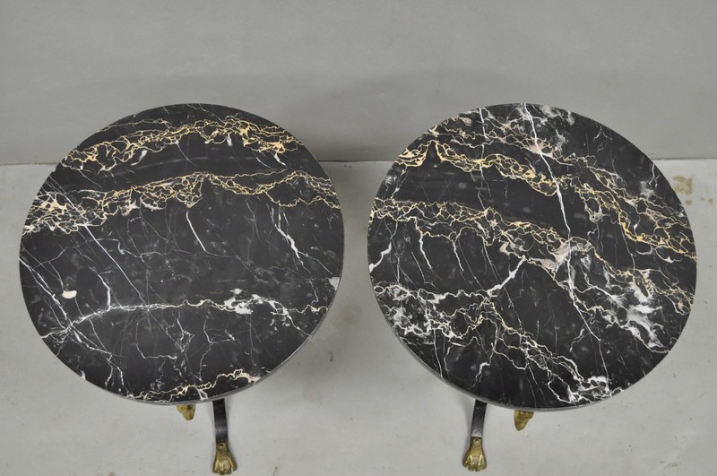 Italian Regency Round Marble Top Wrought Iron Brass Swan Low Drink Table - Pair gallery