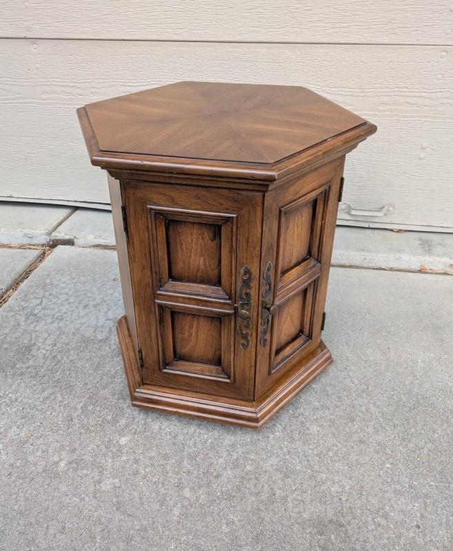 Vintage Hekman Rustic Spanish Colonial Drum Storage Cabinet Hexagon Table Doors gallery