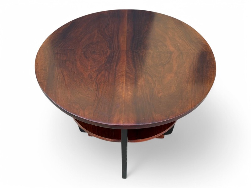 Vintage Art Deco Streamline Modern Walnut Round Side / Accent Table With Shelvin gallery
