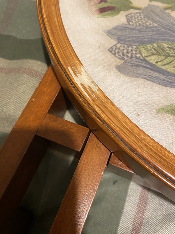 Vintage Beech Wood Needlework Embroidered Folding Gate Side Table Restoration gallery
