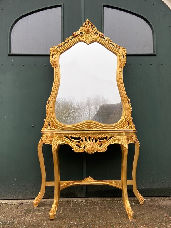 Console Table with Mirror Set Louis XVI Rococo Style Gilt Wood Black Marble