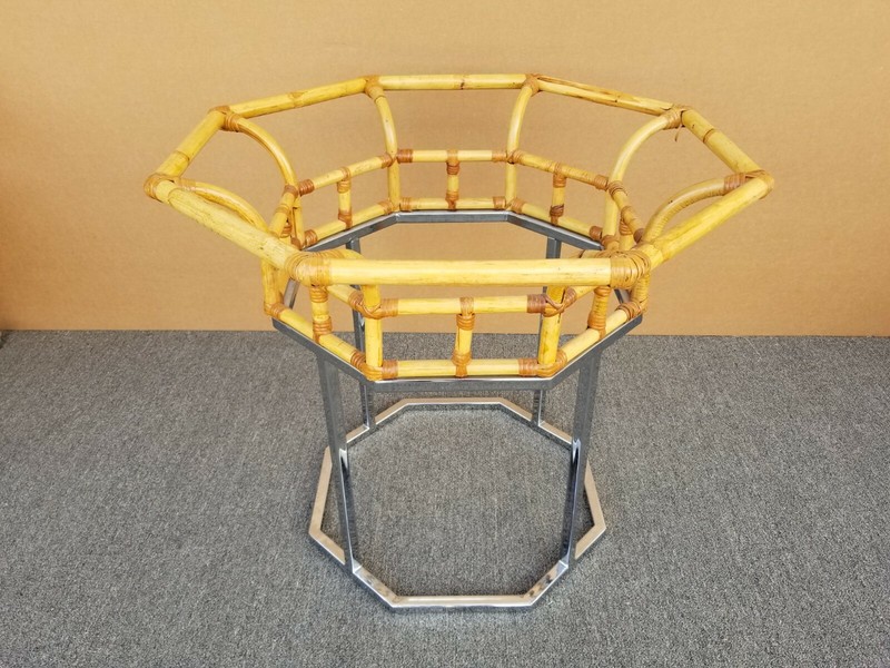 Vintage MCM Milo Baughman Style Chrome Bamboo Rattan Glass Dining Gaming Table gallery