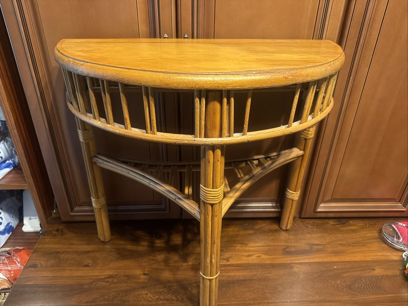 Vintage Bamboo Rattan Wood Demilune Table Mid Century