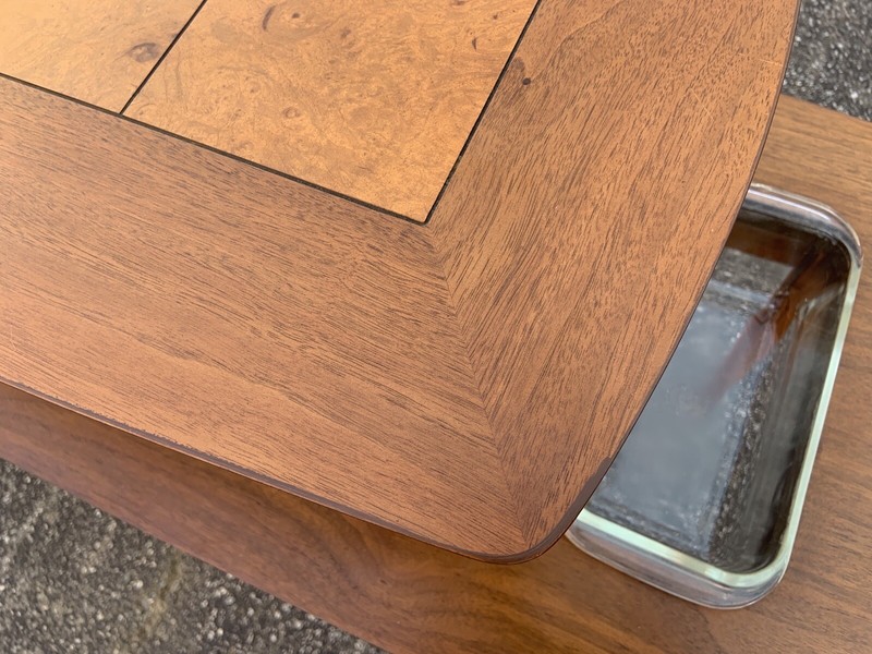 Mid century modern 1958 coffee Sofa Console table by Lane Altavista burled wood gallery