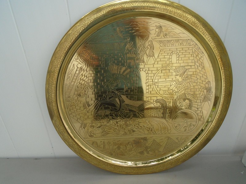 Vintage Wood Brass Moroccan Style Table Tray Etched Detail Egypt Pyramids Sphinx gallery