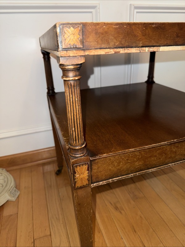 Antique Inlay Wood End Table 20x20x25" Wheel Inlaid Marquetry Read gallery