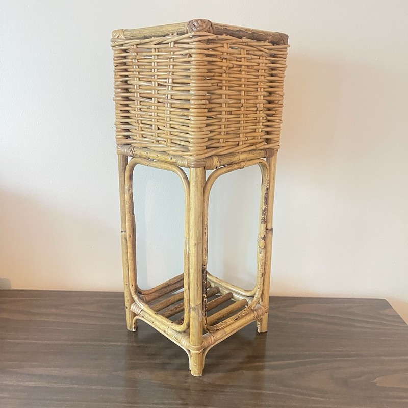 Vintage Art Nouveau Molded Rattan Burnt Bamboo Square Plant Stand Table MCM Boho gallery