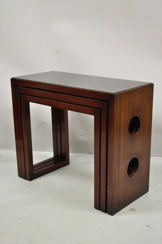 James Mont Mid Century Modern Mahogany & Glass Top Art Deco Nesting Side Tables gallery