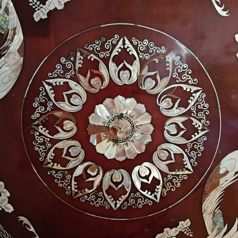 Vintage 1950s Asian Korean Mother of Pearl Inlaid 2 Phoenixes Red Lacquer Table gallery