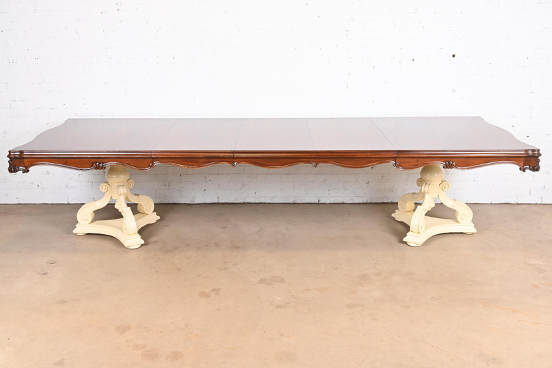 Karges Regency Burled Walnut Double Pedestal Extension Dining Table, Refinished