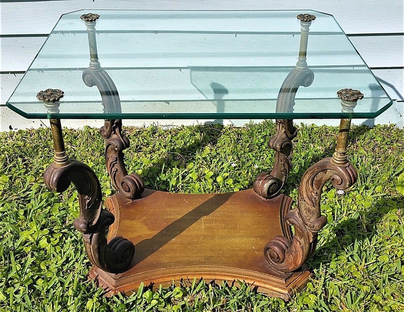 Vtg Weiman Heirloom Quality Side End Table Hand Carved Wood Glass Brass gallery