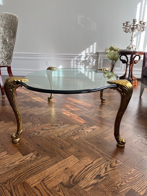 VINTAGE TABLE+ Four Solid Brass Legs Glass Top Coffee Table Curved Leaf Design gallery