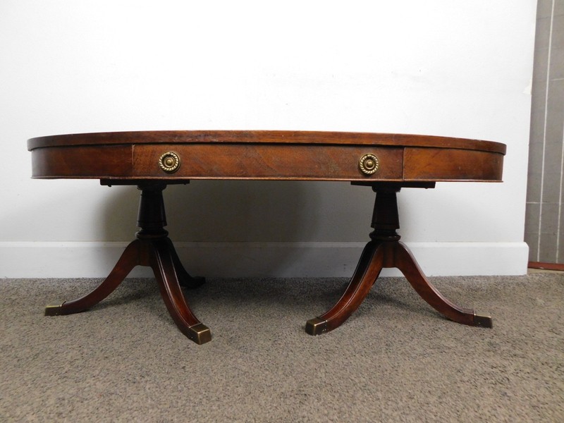 Brandt Antique 46" W 1940s Regency MCM Mahogany Tooled Leather OVAL Coffee Table gallery