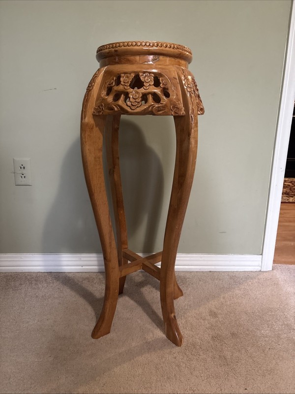 Mid Century Chinoiserie Carved Wood Marble Top Plant Stand Pedestal Table