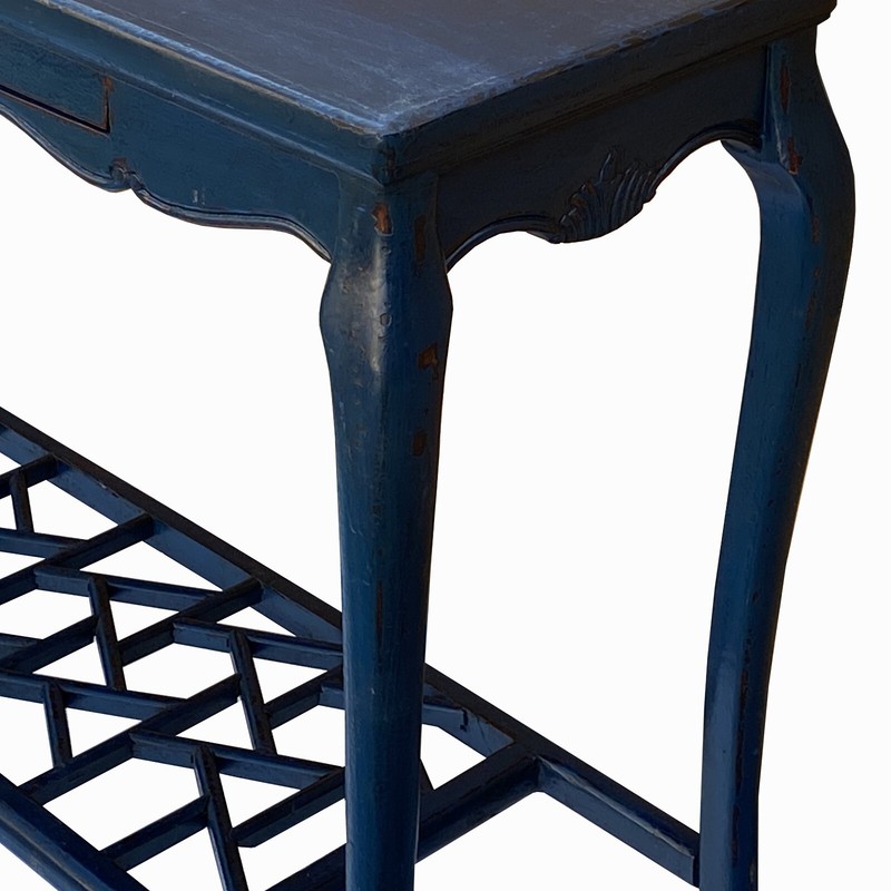 Chinese Distressed Blue Lacquer Apron Curve Legs Console Side Altar Table cs7760 gallery
