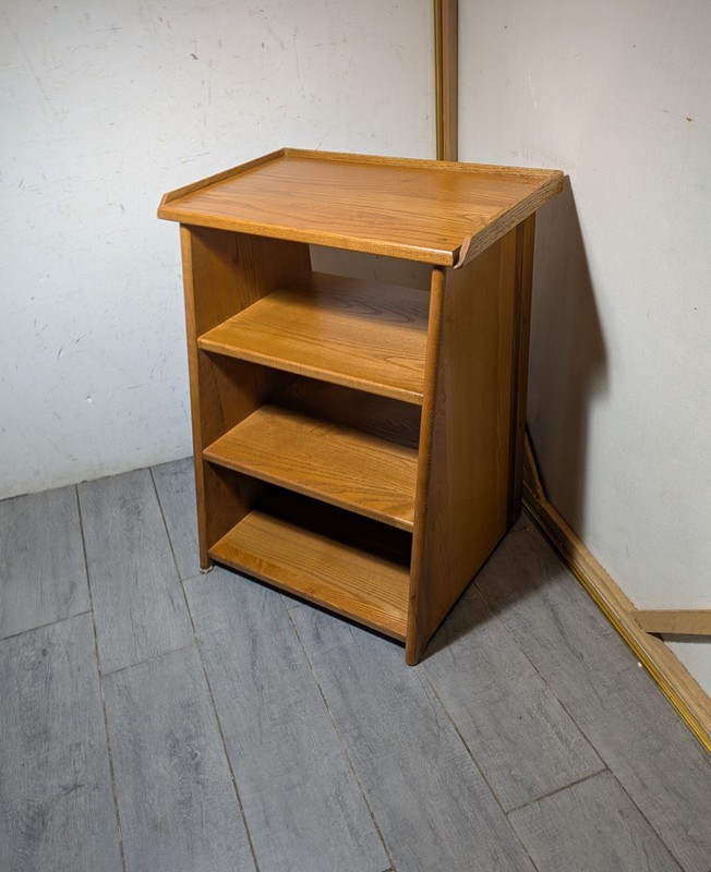Vintage Mid Century Modern Oak Wood Telephone Table Slanted Nightstand Shelf B