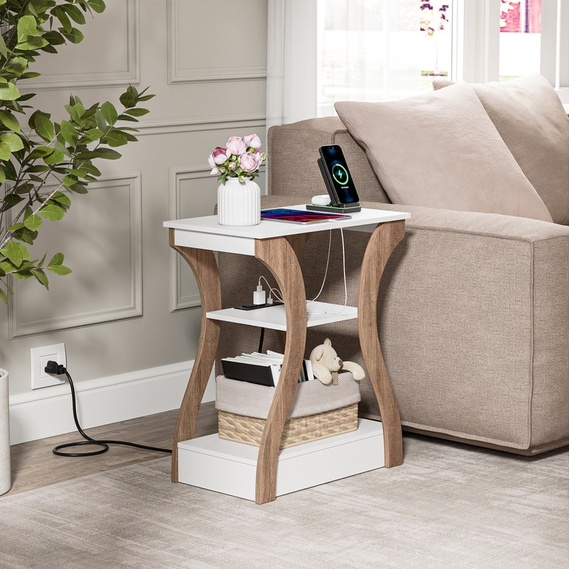 2PCS End Side Table with USB Ports Wood&White Nightstand for Bedroom Living Room gallery