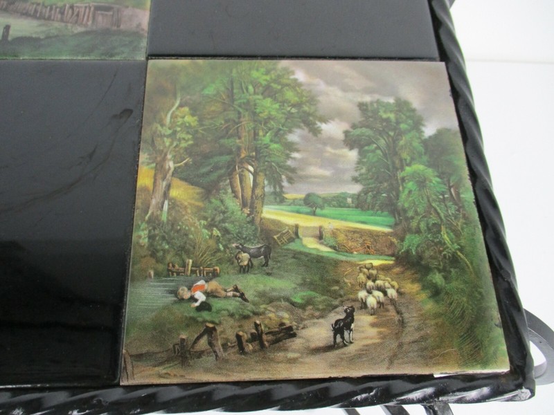 Vintage Side Table Plant stand Ceramic Tiles Wrought Iron Legs Farmlife scenes gallery