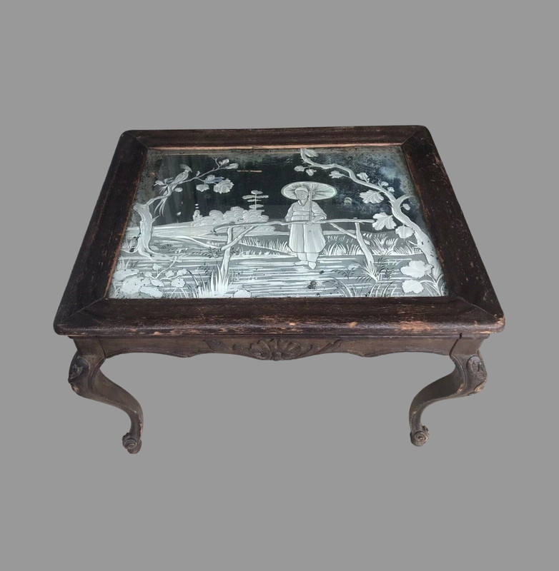 Antique Oriental Inspired Chinoiserie Decorated Mirrored Top Low Table 19th C