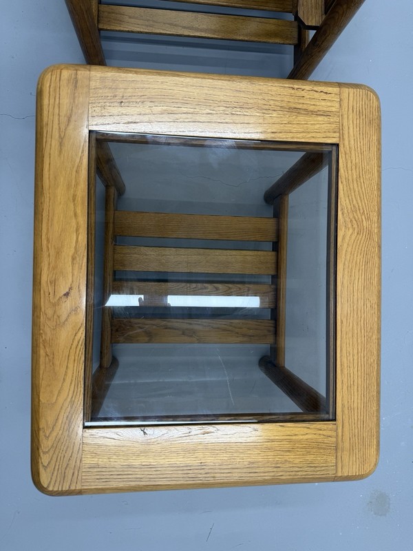 1970's Mersman Solid Oak & Smoked Glass End Tables / Magazine Table Set gallery