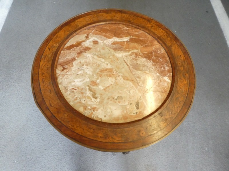 ANTIQUE FRENCH STYLE MARBLE TOP TABLE WITH RAMS HEADS AND MARBLE INSET TOP gallery