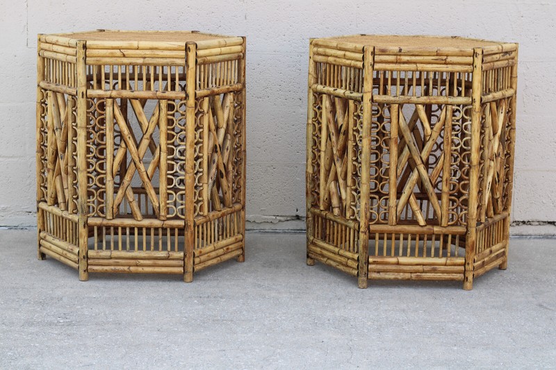 Large Vintage Brighton Pavilion Style Burnt Bamboo Fretwork Dining Table Bases gallery