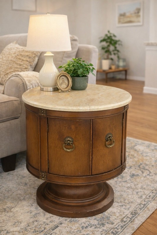 Union National Marble-Top Drum Table / Accent Cabinet