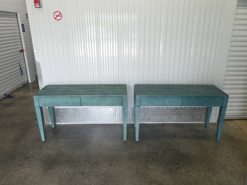 PAIR OF SORIN FAUX SHAGREEN STINGRAY TWO DRAWER CONSOLE TABLES