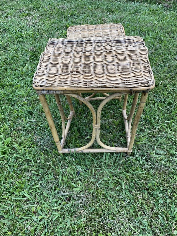 Very Bamboo Rattan Wicker Side NestingTable Rattan Stool Wicker Stand Lot 2 gallery