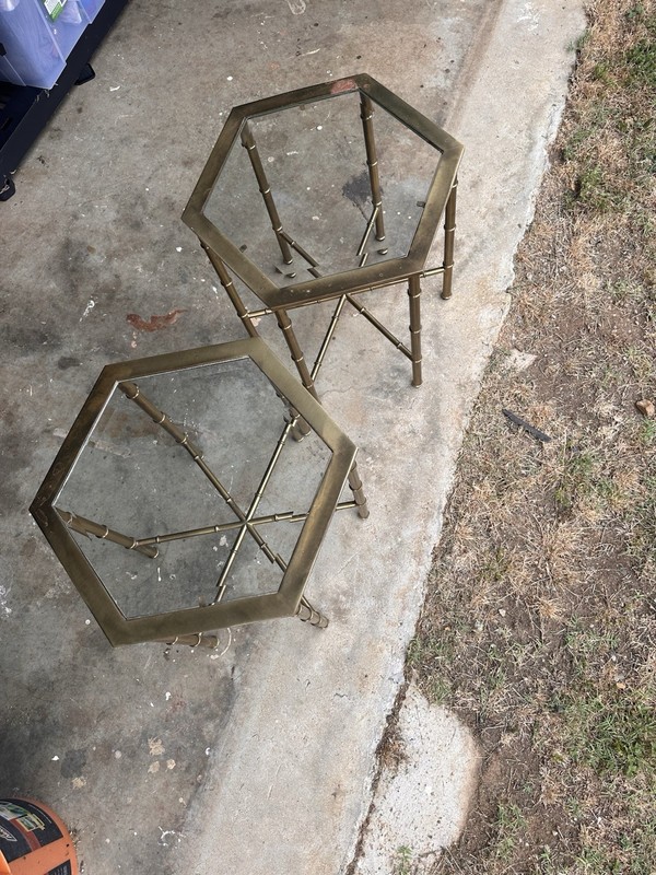Vintage Hexagonal Brass Glass Side Tables Pair Hollywood Regency 18x18x16in gallery