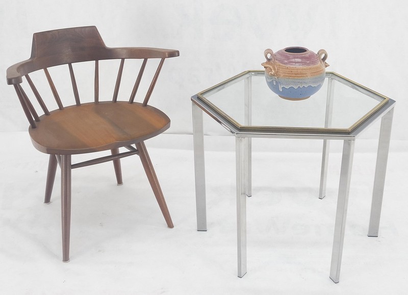 Hexagon Shape Chrome Brass & Glass 22" Tall Occasional Side Table Stand MINT! gallery