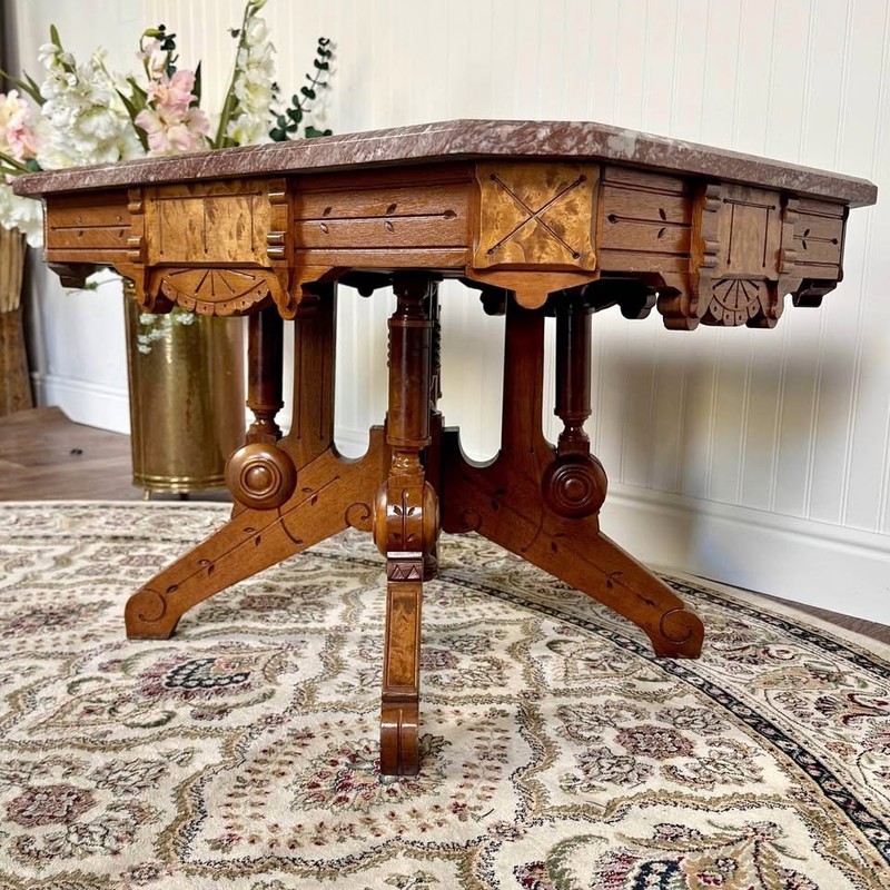 Antique Victorian Walnut & Burl Marble-Top Table – c.1880s